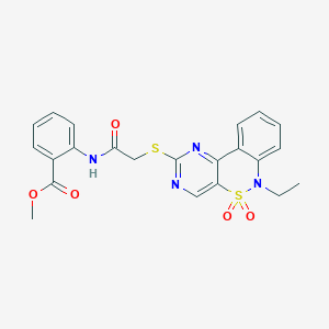 molecular formula C22H20N4O5S2 B2451117 methyl 2-[2-({9-ethyl-8,8-dioxo-8lambda6-thia-3,5,9-triazatricyclo[8.4.0.0^{2,7}]tetradeca-1(14),2(7),3,5,10,12-hexaen-4-yl}sulfanyl)acetamido]benzoate CAS No. 1111408-84-4