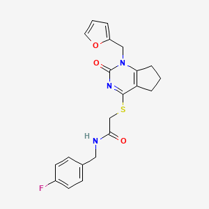 molecular formula C21H20FN3O3S B2451351 N-[(4-fluorophenyl)methyl]-2-({1-[(furan-2-yl)methyl]-2-oxo-1H,2H,5H,6H,7H-cyclopenta[d]pyrimidin-4-yl}sulfanyl)acetamide CAS No. 946374-36-3