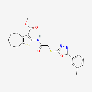molecular formula C22H23N3O4S2 B2451490 methyl 2-(2-((5-(m-tolyl)-1,3,4-oxadiazol-2-yl)thio)acetamido)-5,6,7,8-tetrahydro-4H-cyclohepta[b]thiophene-3-carboxylate CAS No. 896676-00-9