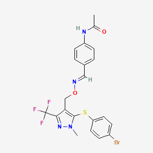 molecular formula C21H18BrF3N4O2S B2451780 N-{4-[({[5-[(4-bromophenyl)sulfanyl]-1-methyl-3-(trifluoromethyl)-1H-pyrazol-4-yl]methoxy}imino)methyl]phenyl}acetamide CAS No. 477713-22-7