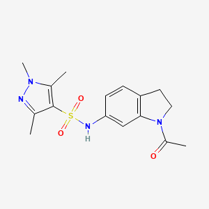 molecular formula C16H20N4O3S B2451985 N-(1-acetylindolin-6-yl)-1,3,5-trimethyl-1H-pyrazole-4-sulfonamide CAS No. 1428373-23-2
