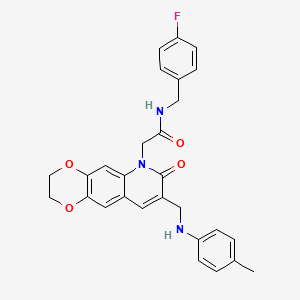molecular formula C28H26FN3O4 B2452018 N-[(4-fluorophenyl)methyl]-2-(8-{[(4-methylphenyl)amino]methyl}-7-oxo-2H,3H,6H,7H-[1,4]dioxino[2,3-g]quinolin-6-yl)acetamide CAS No. 932470-43-4
