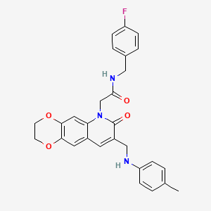 molecular formula C28H26FN3O4 B2452018 N-(4-fluorobenzyl)-2-(7-oxo-8-((p-tolylamino)methyl)-2,3-dihydro-[1,4]dioxino[2,3-g]quinolin-6(7H)-yl)acetamide CAS No. 932470-43-4