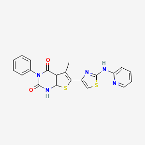 molecular formula C21H15N5O2S2 B2452029 5-methyl-3-phenyl-6-{2-[(pyridin-2-yl)amino]-1,3-thiazol-4-yl}-1H,2H,3H,4H-thieno[2,3-d]pyrimidine-2,4-dione CAS No. 1611467-82-3