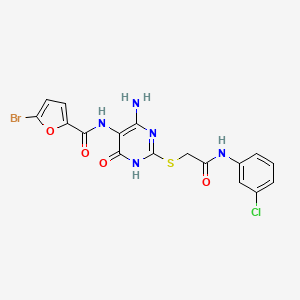 molecular formula C17H13BrClN5O4S B2452090 N-(4-amino-2-((2-((3-chlorophenyl)amino)-2-oxoethyl)thio)-6-oxo-1,6-dihydropyrimidin-5-yl)-5-bromofuran-2-carboxamide CAS No. 888434-17-1