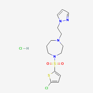 molecular formula C14H20Cl2N4O2S2 B2452092 1-(2-(1H-pyrazol-1-yl)ethyl)-4-((5-chlorothiophen-2-yl)sulfonyl)-1,4-diazepane hydrochloride CAS No. 1396854-51-5