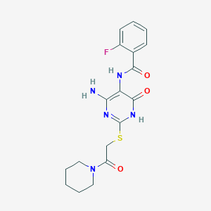 molecular formula C18H20FN5O3S B2452094 N-(4-amino-6-oxo-2-((2-oxo-2-(piperidin-1-yl)ethyl)thio)-1,6-dihydropyrimidin-5-yl)-2-fluorobenzamide CAS No. 888422-04-6