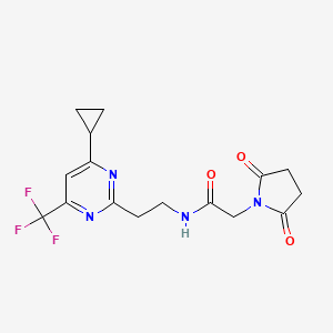 molecular formula C16H17F3N4O3 B2452101 N-(2-(4-cyclopropyl-6-(trifluoromethyl)pyrimidin-2-yl)ethyl)-2-(2,5-dioxopyrrolidin-1-yl)acetamide CAS No. 1396863-39-0