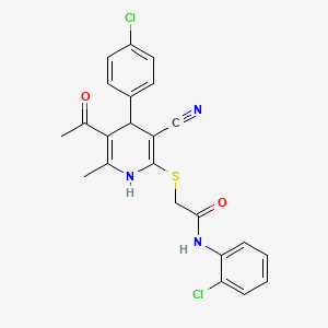 molecular formula C23H19Cl2N3O2S B2452316 2-{[5-acetyl-4-(4-chlorophenyl)-3-cyano-6-methyl-1,4-dihydropyridin-2-yl]sulfanyl}-N-(2-chlorophenyl)acetamide CAS No. 897832-83-6