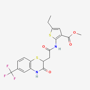 molecular formula C19H17F3N2O4S2 B2452450 methyl 5-ethyl-2-{2-[3-oxo-6-(trifluoromethyl)-3,4-dihydro-2H-1,4-benzothiazin-2-yl]acetamido}thiophene-3-carboxylate CAS No. 691376-84-8