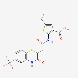 molecular formula C19H17F3N2O4S2 B2452450 methyl 5-ethyl-2-({[3-oxo-6-(trifluoromethyl)-3,4-dihydro-2H-1,4-benzothiazin-2-yl]acetyl}amino)-3-thiophenecarboxylate CAS No. 691376-84-8