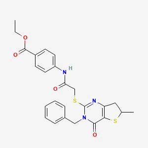 molecular formula C25H25N3O4S2 B2452672 ethyl 4-[2-({3-benzyl-6-methyl-4-oxo-3H,4H,6H,7H-thieno[3,2-d]pyrimidin-2-yl}sulfanyl)acetamido]benzoate CAS No. 689262-72-4
