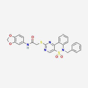 molecular formula C26H20N4O5S2 B2452779 N-(2H-1,3-benzodioxol-5-yl)-2-({9-benzyl-8,8-dioxo-8lambda6-thia-3,5,9-triazatricyclo[8.4.0.0^{2,7}]tetradeca-1(14),2(7),3,5,10,12-hexaen-4-yl}sulfanyl)acetamide CAS No. 932475-93-9