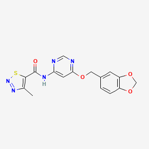 molecular formula C16H13N5O4S B2452801 N-(6-(benzo[d][1,3]dioxol-5-ylmethoxy)pyrimidin-4-yl)-4-methyl-1,2,3-thiadiazole-5-carboxamide CAS No. 1396846-05-1