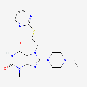 molecular formula C18H24N8O2S B2452804 8-(4-ethylpiperazin-1-yl)-3-methyl-7-(2-(pyrimidin-2-ylthio)ethyl)-1H-purine-2,6(3H,7H)-dione CAS No. 713087-59-3