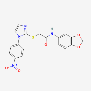 molecular formula C18H14N4O5S B2452810 N-(2H-1,3-benzodioxol-5-yl)-2-{[1-(4-nitrophenyl)-1H-imidazol-2-yl]sulfanyl}acetamide CAS No. 851079-54-4