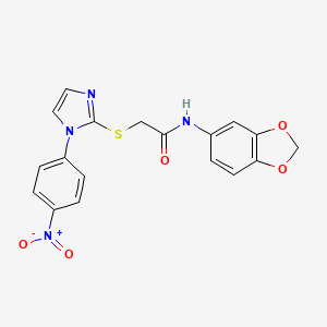 molecular formula C18H14N4O5S B2452810 N-(benzo[d][1,3]dioxol-5-yl)-2-((1-(4-nitrophenyl)-1H-imidazol-2-yl)thio)acetamide CAS No. 851079-54-4