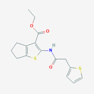 molecular formula C16H17NO3S2 B2452856 ethyl 2-(2-(thiophen-2-yl)acetamido)-5,6-dihydro-4H-cyclopenta[b]thiophene-3-carboxylate CAS No. 746607-75-0