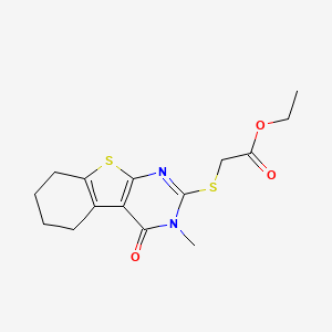 molecular formula C15H18N2O3S2 B2452968 Ethyl 2-[(3-methyl-4-oxo-5,6,7,8-tetrahydro-[1]benzothiolo[2,3-d]pyrimidin-2-yl)sulfanyl]acetate CAS No. 59898-79-2