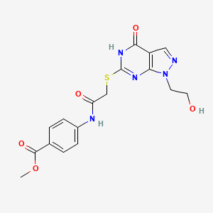 molecular formula C17H17N5O5S B2452977 methyl 4-(2-((1-(2-hydroxyethyl)-4-oxo-4,5-dihydro-1H-pyrazolo[3,4-d]pyrimidin-6-yl)thio)acetamido)benzoate CAS No. 1005308-59-7
