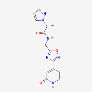 molecular formula C14H14N6O3 B2453070 N-((3-(2-oxo-1,2-dihydropyridin-4-yl)-1,2,4-oxadiazol-5-yl)methyl)-2-(1H-pyrazol-1-yl)propanamide CAS No. 2034274-59-2
