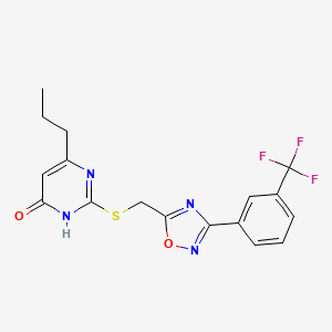 molecular formula C17H15F3N4O2S B2453410 6-Propyl-2-[({3-[3-(trifluoromethyl)phenyl]-1,2,4-oxadiazol-5-yl}methyl)sulfanyl]-4-pyrimidinol CAS No. 1226454-10-9