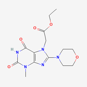 molecular formula C14H19N5O5 B2453533 ethyl 2-(3-methyl-8-morpholino-2,6-dioxo-2,3-dihydro-1H-purin-7(6H)-yl)acetate 