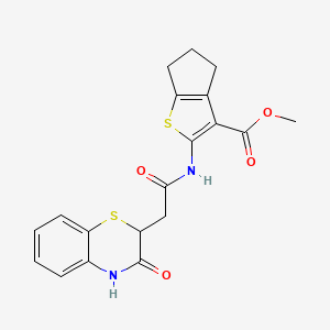 molecular formula C19H18N2O4S2 B2453538 methyl 2-(2-(3-oxo-3,4-dihydro-2H-benzo[b][1,4]thiazin-2-yl)acetamido)-5,6-dihydro-4H-cyclopenta[b]thiophene-3-carboxylate CAS No. 1040666-43-0