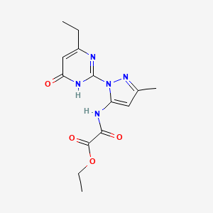 molecular formula C14H17N5O4 B2453600 ethyl 2-((1-(4-ethyl-6-oxo-1,6-dihydropyrimidin-2-yl)-3-methyl-1H-pyrazol-5-yl)amino)-2-oxoacetate CAS No. 1002483-66-0