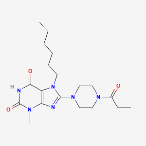 7-hexyl-3-methyl-8-(4-propanoylpiperazin-1-yl)-2,3,6,7-tetrahydro-1H-purine-2,6-dione