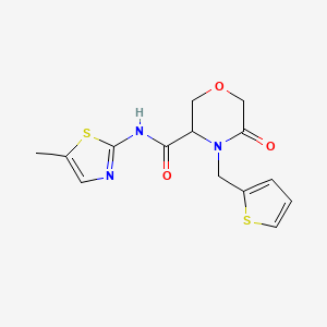 molecular formula C14H15N3O3S2 B2453888 N-(5-methylthiazol-2-yl)-5-oxo-4-(thiophen-2-ylmethyl)morpholine-3-carboxamide CAS No. 1421449-42-4