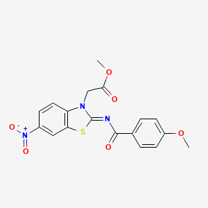 molecular formula C18H15N3O6S B2453993 methyl 2-[(2Z)-2-[(4-methoxybenzoyl)imino]-6-nitro-2,3-dihydro-1,3-benzothiazol-3-yl]acetate CAS No. 865198-35-2