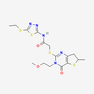 molecular formula C16H21N5O3S4 B2454187 N-[5-(ethylsulfanyl)-1,3,4-thiadiazol-2-yl]-2-{[3-(2-methoxyethyl)-6-methyl-4-oxo-3H,4H,6H,7H-thieno[3,2-d]pyrimidin-2-yl]sulfanyl}acetamide CAS No. 851409-96-6