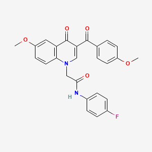 molecular formula C26H21FN2O5 B2454217 N-(4-fluorophenyl)-2-[6-methoxy-3-(4-methoxybenzoyl)-4-oxo-1,4-dihydroquinolin-1-yl]acetamide CAS No. 866344-19-6