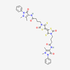 molecular formula C36H36N8O6S4 B2454286 N-(1,5-dimethyl-3-oxo-2-phenyl-2,3-dihydro-1H-pyrazol-4-yl)-4-{5-[(5E)-3-{3-[(1,5-dimethyl-3-oxo-2-phenyl-2,3-dihydro-1H-pyrazol-4-yl)carbamoyl]propyl}-2-oxo-4-sulfanylidene-1,3-thiazolidin-5-ylidene]-2-oxo-4-sulfanylidene-1,3-thiazolidin-3-yl}butanamide CAS No. 303055-74-5