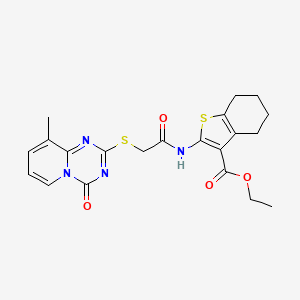 molecular formula C21H22N4O4S2 B2454524 ethyl 2-(2-((9-methyl-4-oxo-4H-pyrido[1,2-a][1,3,5]triazin-2-yl)thio)acetamido)-4,5,6,7-tetrahydrobenzo[b]thiophene-3-carboxylate CAS No. 896342-71-5