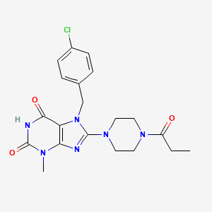 molecular formula C20H23ClN6O3 B2454809 7-[(4-chlorophenyl)methyl]-3-methyl-8-(4-propanoylpiperazin-1-yl)-2,3,6,7-tetrahydro-1H-purine-2,6-dione CAS No. 1363905-51-4