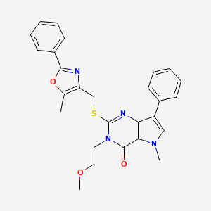 molecular formula C27H26N4O3S B2454929 3-(2-methoxyethyl)-5-methyl-2-{[(5-methyl-2-phenyl-1,3-oxazol-4-yl)methyl]sulfanyl}-7-phenyl-3H,4H,5H-pyrrolo[3,2-d]pyrimidin-4-one CAS No. 1111961-87-5