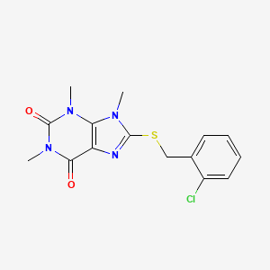 molecular formula C15H15ClN4O2S B2454996 8-{[(2-chlorophenyl)methyl]sulfanyl}-1,3,9-trimethyl-2,3,6,9-tetrahydro-1H-purine-2,6-dione CAS No. 897454-30-7