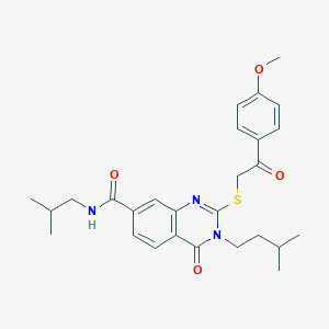 molecular formula C27H33N3O4S B2455149 2-{[2-(4-methoxyphenyl)-2-oxoethyl]sulfanyl}-3-(3-methylbutyl)-N-(2-methylpropyl)-4-oxo-3,4-dihydroquinazoline-7-carboxamide CAS No. 1113133-75-7