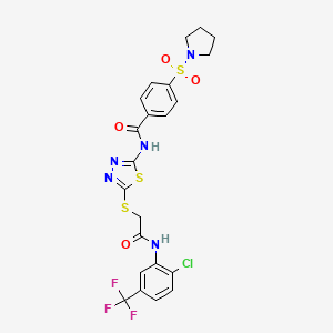 molecular formula C22H19ClF3N5O4S3 B2455265 N-{5-[({[2-chloro-5-(trifluoromethyl)phenyl]carbamoyl}methyl)sulfanyl]-1,3,4-thiadiazol-2-yl}-4-(pyrrolidine-1-sulfonyl)benzamide CAS No. 392299-34-2