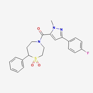 molecular formula C22H22FN3O3S B2455272 (1,1-dioxido-7-phenyl-1,4-thiazepan-4-yl)(3-(4-fluorophenyl)-1-methyl-1H-pyrazol-5-yl)methanone CAS No. 2309606-08-2