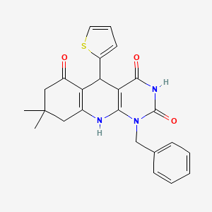 molecular formula C24H23N3O3S B2455274 1-benzyl-2-hydroxy-8,8-dimethyl-5-(2-thienyl)-5,8,9,10-tetrahydropyrimido[4,5-b]quinoline-4,6(1H,7H)-dione CAS No. 496028-59-2
