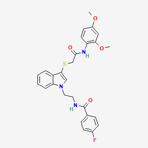 molecular formula C27H26FN3O4S B2455293 N-[2-[3-[2-(2,4-dimethoxyanilino)-2-oxoethyl]sulfanylindol-1-yl]ethyl]-4-fluorobenzamide CAS No. 443333-52-6