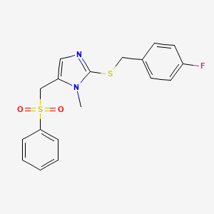 molecular formula C18H17FN2O2S2 B2455358 {2-[(4-fluorobenzyl)sulfanyl]-1-methyl-1H-imidazol-5-yl}methyl phenyl sulfone CAS No. 338795-01-0