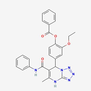 molecular formula C27H24N6O4 B2455364 2-Ethoxy-4-(5-methyl-6-(phenylcarbamoyl)-4,7-dihydrotetrazolo[1,5-a]pyrimidin-7-yl)phenyl benzoate CAS No. 441290-42-2
