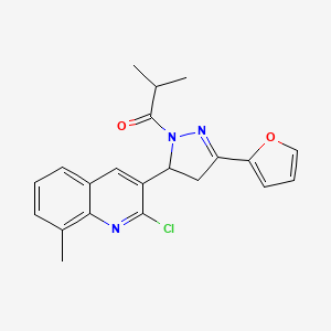 molecular formula C21H20ClN3O2 B2455431 1-(5-(2-chloro-8-methylquinolin-3-yl)-3-(furan-2-yl)-4,5-dihydro-1H-pyrazol-1-yl)-2-methylpropan-1-one CAS No. 923211-52-3