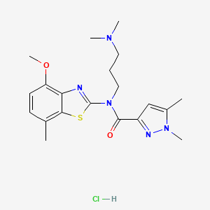 molecular formula C20H28ClN5O2S B2455461 N-(3-(dimethylamino)propyl)-N-(4-methoxy-7-methylbenzo[d]thiazol-2-yl)-1,5-dimethyl-1H-pyrazole-3-carboxamide hydrochloride CAS No. 1215624-38-6