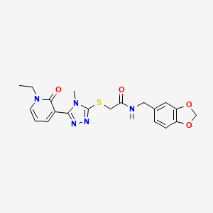 molecular formula C20H21N5O4S B2455602 N-(benzo[d][1,3]dioxol-5-ylmethyl)-2-((5-(1-ethyl-2-oxo-1,2-dihydropyridin-3-yl)-4-methyl-4H-1,2,4-triazol-3-yl)thio)acetamide CAS No. 1105228-51-0