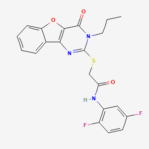 molecular formula C21H17F2N3O3S B2455845 N-(2,5-difluorophenyl)-2-({6-oxo-5-propyl-8-oxa-3,5-diazatricyclo[7.4.0.0^{2,7}]trideca-1(9),2(7),3,10,12-pentaen-4-yl}sulfanyl)acetamide CAS No. 899961-61-6